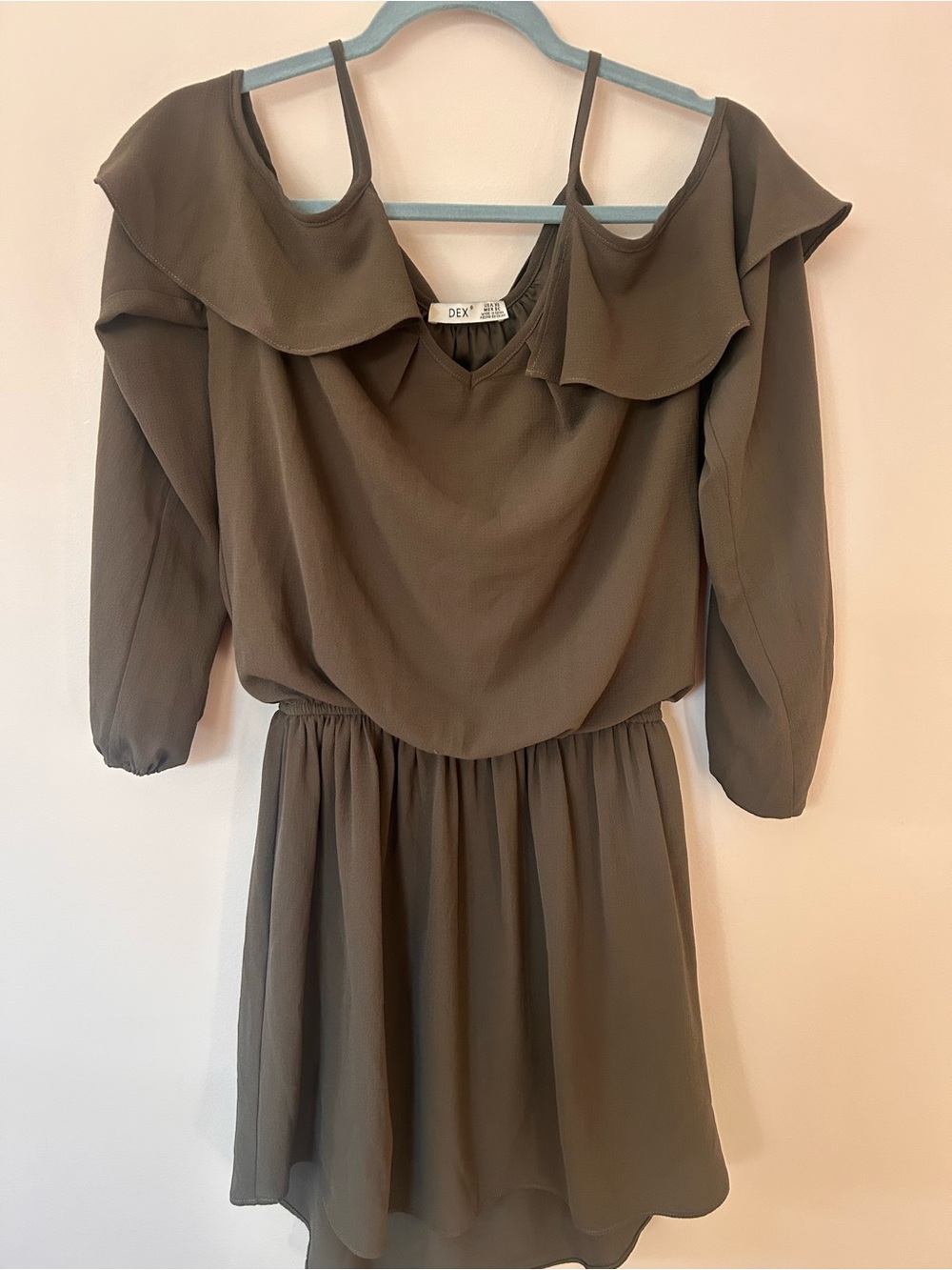 DEX Olive Cold-Shoulder Ruffle Mini Dress - Picture 2 of 5